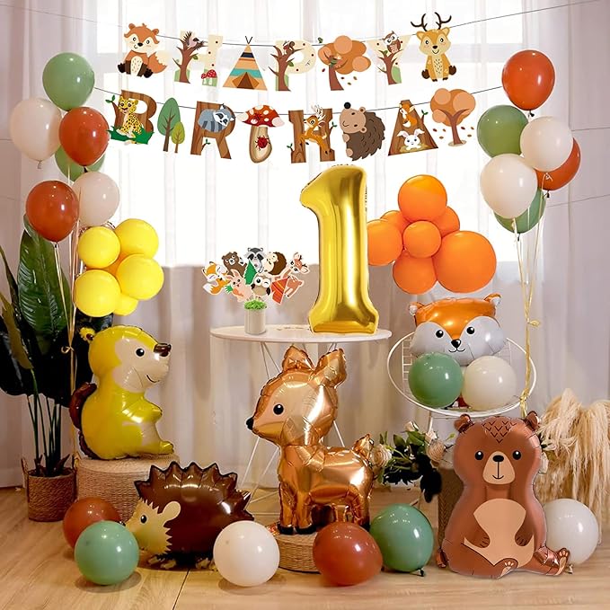 Forest Animals Jungle Birthday Decoration for Boy & Girl - Orange Brown Balloon with Happy Birthday