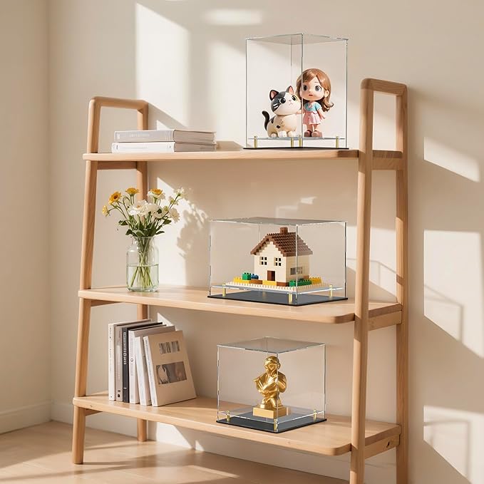 Action Figure Acrylic Display Case with Floating Shelf & Thick Base – UV-Protected Collectible Showcase for Toys, Trophies, Figurines, Miniature and Doll (10" Lx10 Wx14 H)