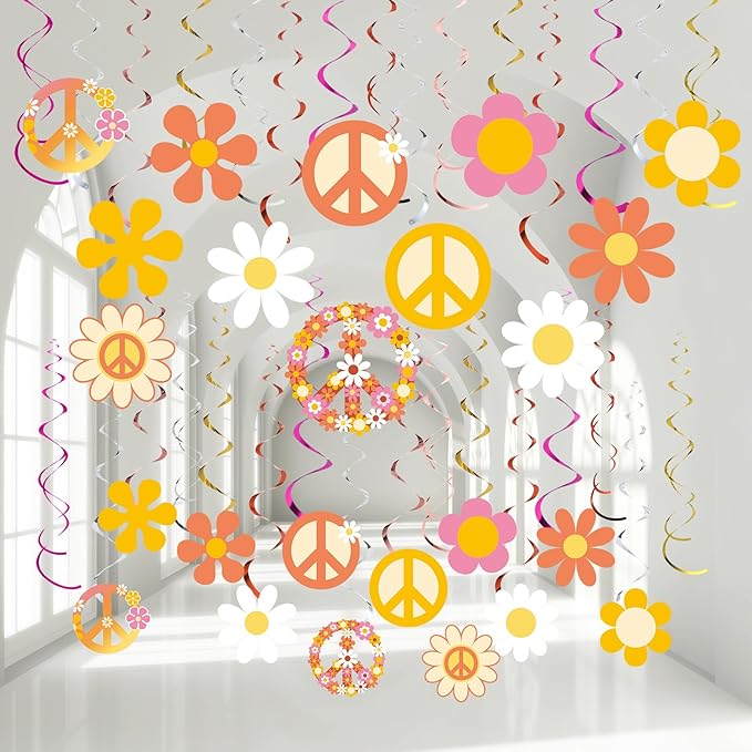 60s 70s Hippie Party Decorations Foil Swirl Decorations, 60s 70s Peace out Sign Groovy Retro Party Retro Flower Cutouts Peace Sign Hanging Swirls Ceiling for Hippie Groovy Birthday, 30 Count(Lovely)