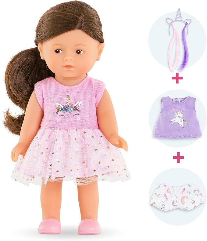 Corolle Mini Corolline Romy Unicorn Gift Set Includes 8" Doll and 3 Accessories - Shirt, Shorts and Headband with Hair Extensions, for Ages 3 Years and up