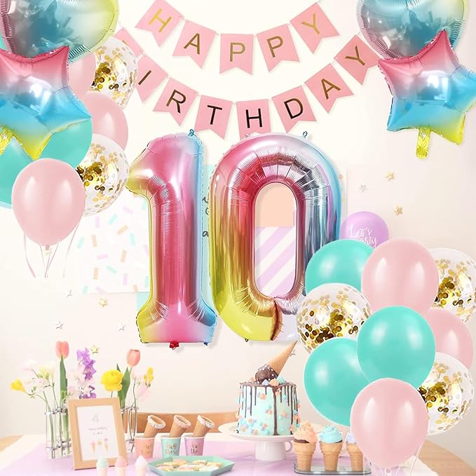 10th Birthday Gradient Color Balloons with Happy Birthday Banner and Party Supplies for Girls & Boys