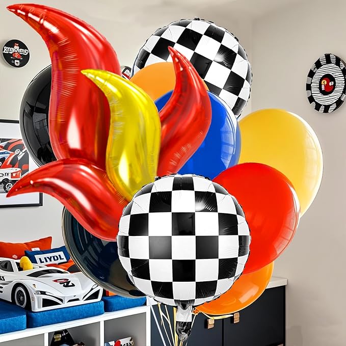 131 Wheels Race Car Birthday Party Decorations Supplies, Racing Red Blue Yellow Black Balloons Garland Arch Kit Backdrop Tablecloth Checkered Foil Balloons, Boy Kid Girl Cars Party Decor