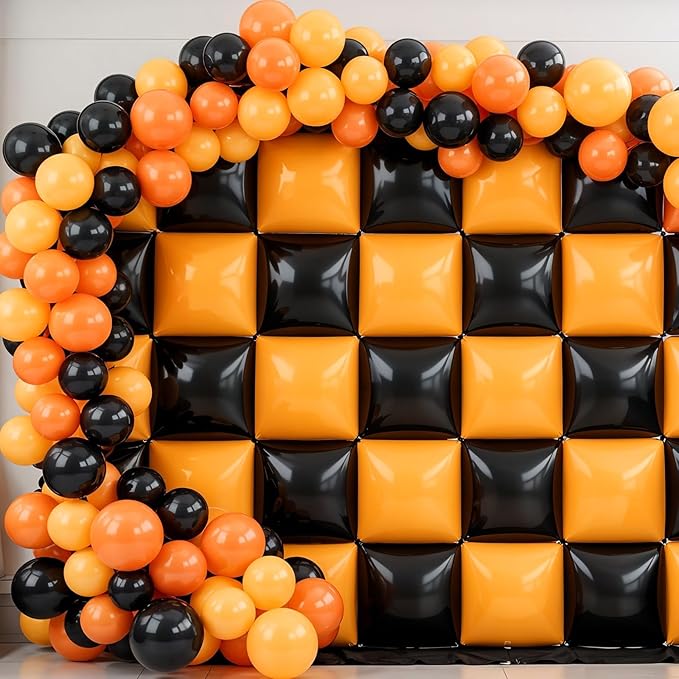 Black Orange Square Foil Balloon Wall,25Pcs Double Sided Foil Balloons Backdrop Helium Polyester Tunnel Arch Garland Kit for Birthday Graduations Anniversary Baby Shower Party Decorations