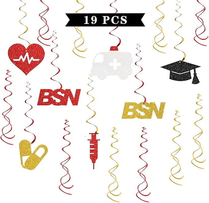 Maicaiffe BSN Graduation Hanging Swirl Decorations - 19 Pcs Congrats Nurse Party Supplies - Future RN Streamers - Medical Nursing School Graduation Foil Swirls Ceiling Decorations