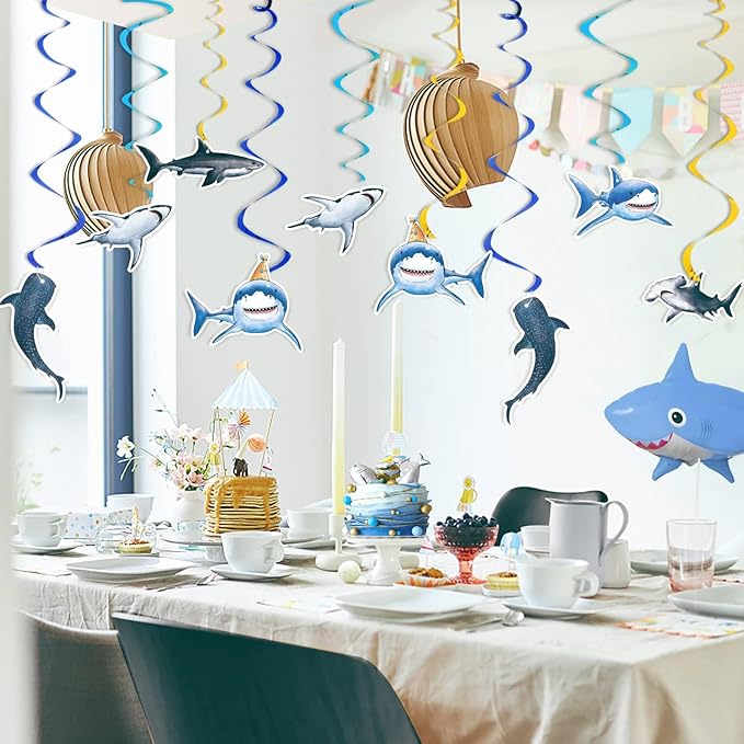 WERNNSAI Shark Party Hanging Swirls – 24 PCS Shark Party Supplies Birthday Decorations for Boys Ocean Shark Themed Party Baby Shower Ceiling Decor