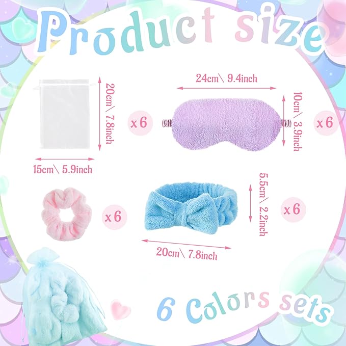 36 Pcs Sleepover Party Supplies for Girl Spa Slumber Birthday Favors Throw Blanket Pillow Eye Mask Headband Scrunchies (Solid Color,Mermaid Color)