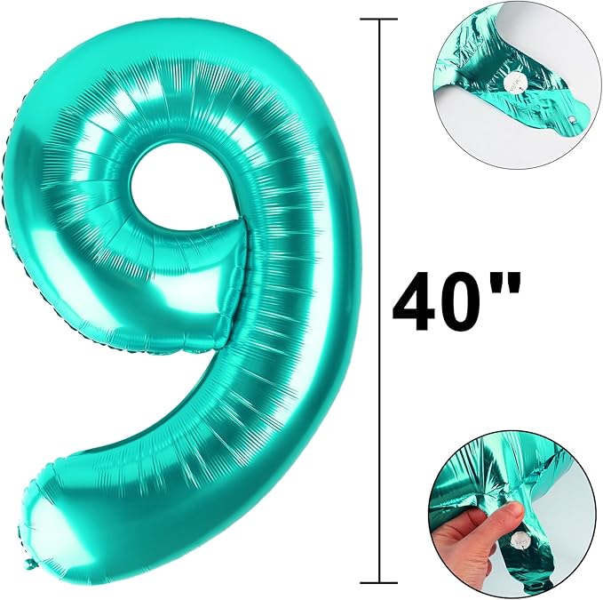 40 Inch Teal Blue Balloon Number 9,Jumbo Mylar Foil Helium Balloon for 9 19th 29th 39th 90th 99th Digital Balloons for Birthday Party,Wedding Anniversary Party Decorations