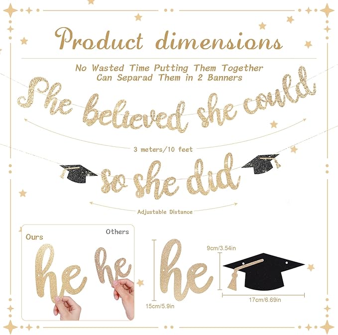 She Believed She Could So She Did Banner - Pre-Strung Glitter Graduation Decorations 2026 for Women Girls, Inspirational Grad Party Supplies, Class of 2026 College High School Masters PhD Decor (Champagne Gold)