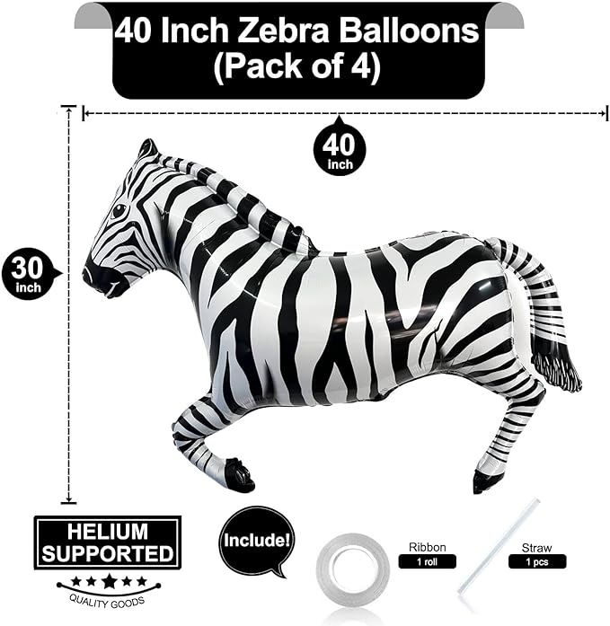 Big 40 Inch Zebra Balloons - Helium Filled, Shaped for Jungle Safari Themed Kids Birthday Party (Pack of 4)