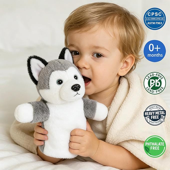 Puppy Hand Puppet Soft Plush Animal Toy No-Shedding Plush Dog Interactive Pretend Play Storytelling Classroom Educational Gift for Children Boys Girls Husky
