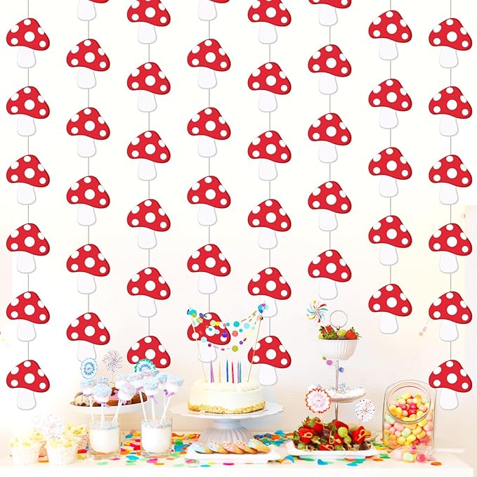 8 Pcs Mushroom Party Decorations Red Mushroom Shaped Garland Banner Forest Jungle Wonderland Paper Cutouts for Fairy Baby Shower Wild Birthday Party Favors Supplies