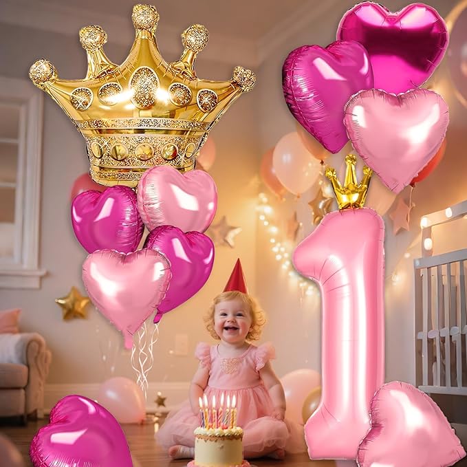 Princess 1st Birthday Party Decorations, 40 inch Large Pink Crown 1 Balloon for Girls’ Princess Decorations, Party Supplies Favors, Anniversaries(Number 1 Foil Mylar Birthday Balloon)