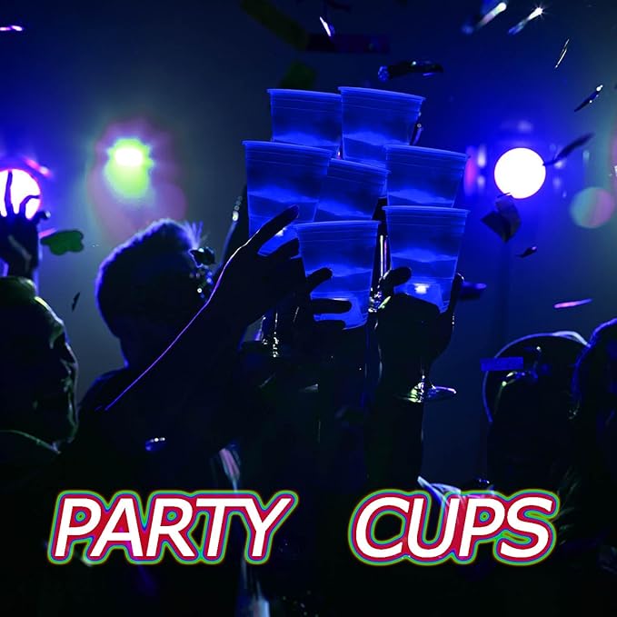 mishunyus Glow in The Dark Blue Party Cups 24 Pack (16 oz) - LED Light Up Plastic Cups for Birthday Weddings BBQ Beach Holiday Decorations, Reusable Drinking Cups for Club Events & Nighttime