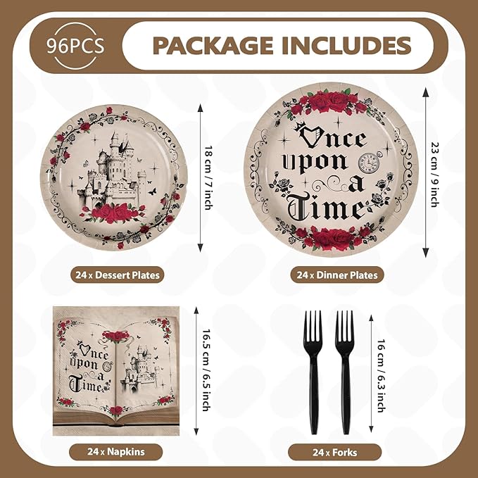 96Pcs Once Upon a Time Decorations Fairytale Birthday Plates and Napkins Retro Castle Princess Red Rose Decorations Tableware Sets for Birthday Wedding Bridal Shower Party Supplies Serves 24