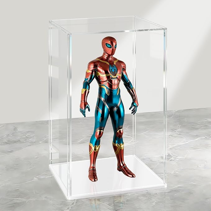 LANSCOERY Acrylic Display Case, Assemble Small Showcase Display Box for Collectibles, with Dustproof & Seamless Display Design, 4.7x4.7x7inch White Base