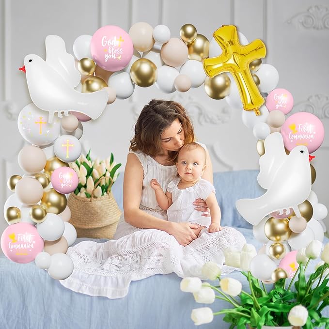 169 Pcs First Communion Decorations Balloons Kit Baptism Party Decorations Pink Metallic Gold Balloons Arch Kit First Holy Communion Decor for God Bless Christening Birthday Theme Party Supplies