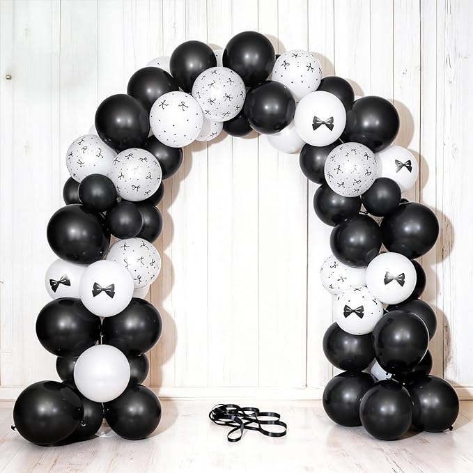 Black and White Bow Balloons, Pearl Black White Bow Print Latex Balloons for Women Girls Coquette Birthday Bachelorette Wedding Bridal Shower Engagement Anniversary Party Decorations