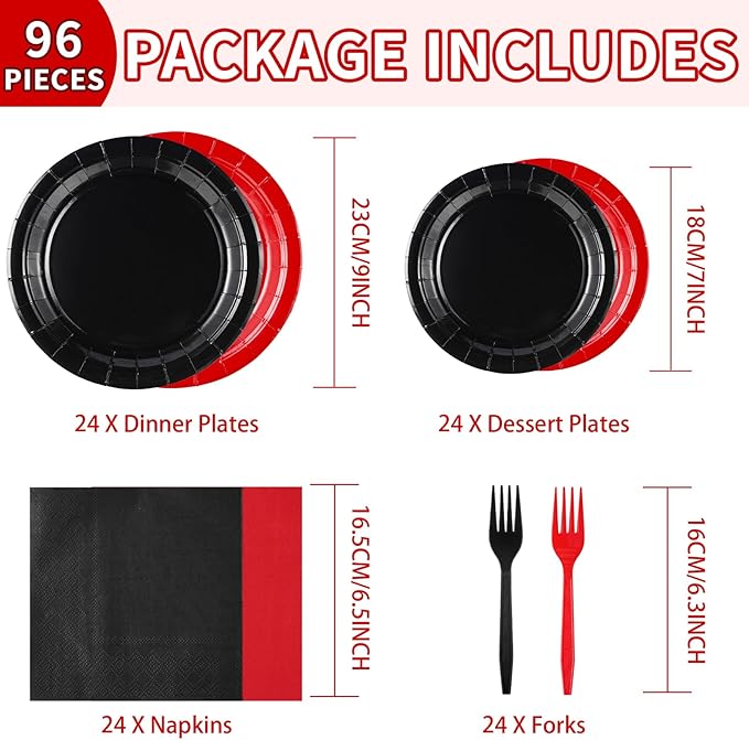 96 Pcs Red and Black Party Supplies Stranger Black and Red Paper Plates and Napkins Disposable Graduation Tableware Set for Congrats Grad Holiday Red Black Wedding Birthday Party Decorations Serves 24
