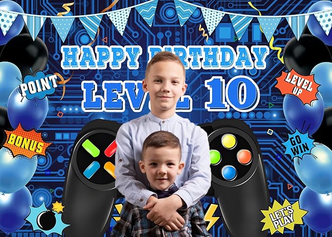Game Theme Level 10 Birthday Backdrop Video Game Happy 10th Birthday Party Decorations Level Up Theme Boys Kids Birthday Party Supplies(7×5FT)