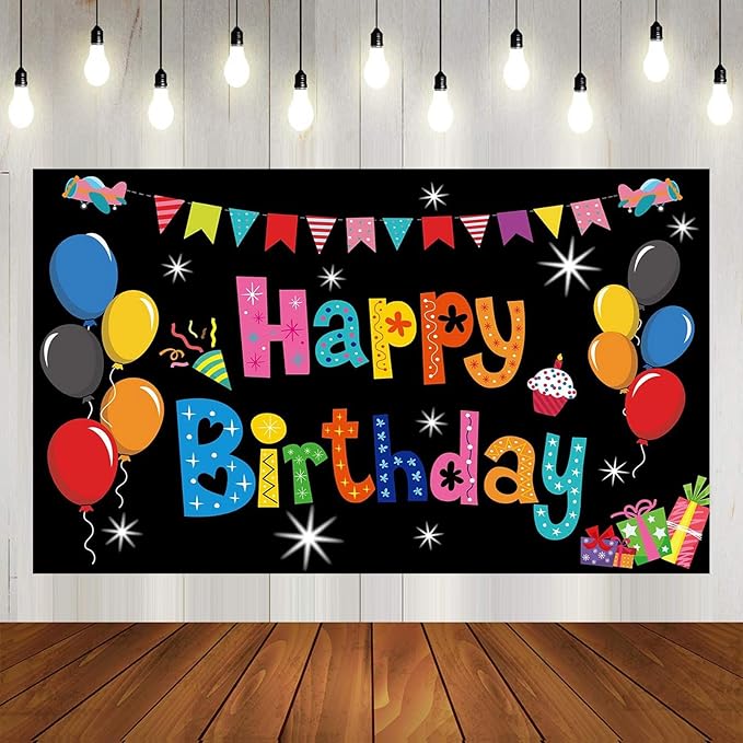 Black Balloon Birthday Party Backdrop Colorful Black Happy Birthday Banner Photography Background for Home Decorations Party Supplies 70.8 x 47.2 Inch