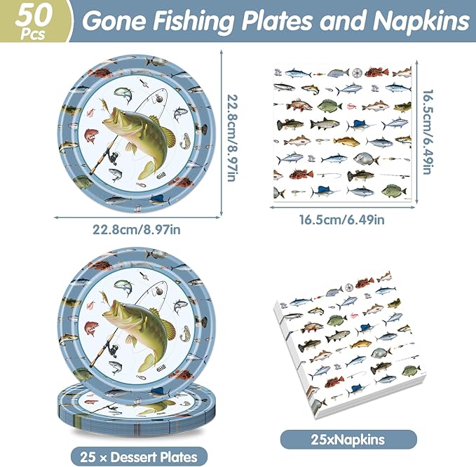 Rakuto Fishing Birthday Party Decorations - 50 Pcs Gone Fishing Plates Napkins Party Decorations, Disposable Fish Themed Tableware Supplies Set for Fish Tournament Birthday Serves 25