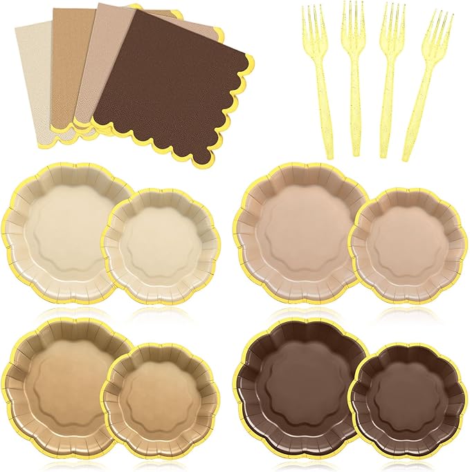 96 Pcs Brown Gold Plates Party Supplies Severs, Guests Disposable Party Decorations, 7'' and 9'' Scalloped Paper Plates, Cocktail Napkins Plastic Forks for Birthday Wedding