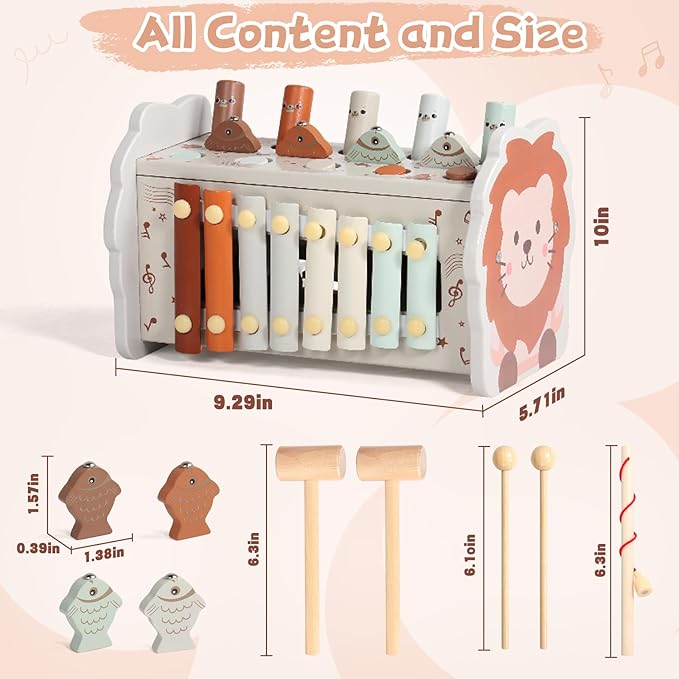 Fajiabao Wooden Montessori Toys for 1 Year Old Boy 4 in 1 Toddler Learning Toys with Number Maze, Pounding Bench, Xylophone, Fishing Game Baby Sensory Toys Birthday Gifts for 1+ Year Old Boys & Girls