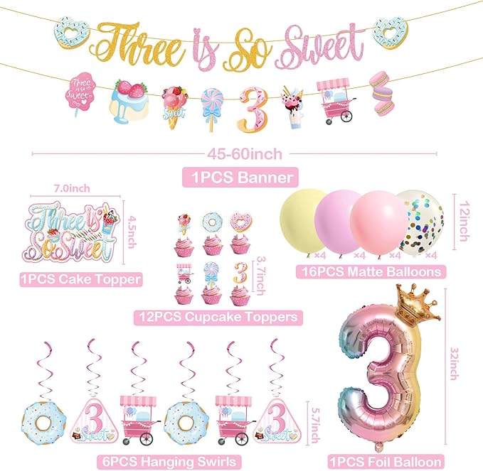 3rd Happy Birthday Decorations for Girls- third pink birthday decorations, ice cream birthday party decor With Donut Banner Sweet Cake Topper 3rd Foil Balloon For Three Donut Themed Party