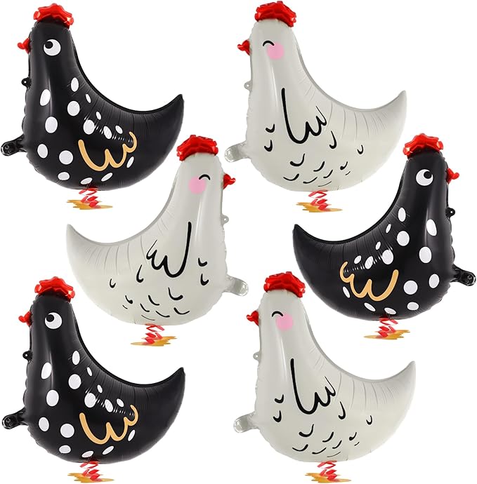 6 PCS Walking Chicken Balloons, Aluminum Foil Chicken Party Decorations White and Black Chicken Walking Balloons for Birthday Baby Shower Farm Animal Theme Party, 20 Inch