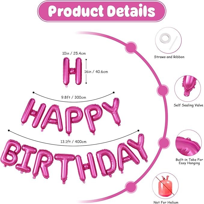 29PC Pink Purple Happy Birthday Balloon Banner, 16Inch 3D Aluminum Letter Banner Sign, Purple Hot Pink Teal Blue Confetti Balloons 18 Inch Heart Star Foil Balloon for Women Party Supply