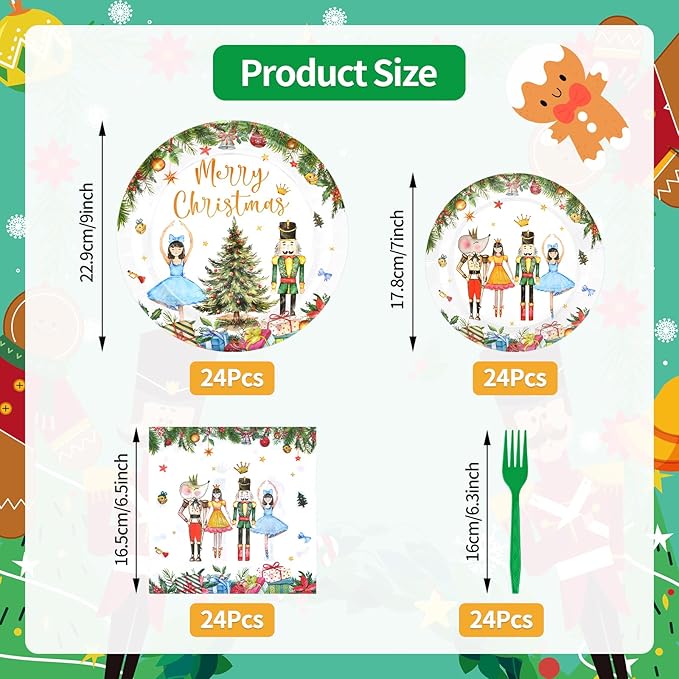 96 Pieces Christmas Ballet Party Tableware Set – Festive Disposable Dinnerware with Paper Plates, Napkins, and Plastic Forks – Winter Fairy Tale Theme for Christmas Birthdays Parties – Serves 24