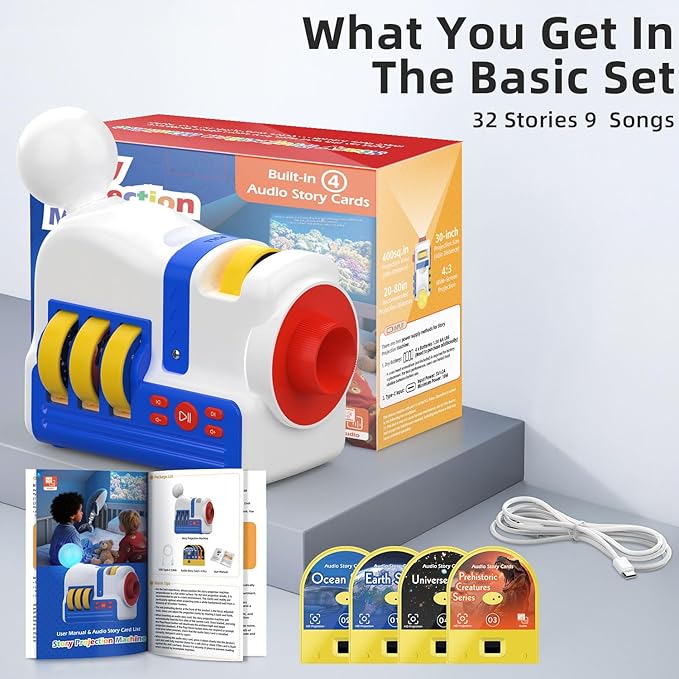 Kids Story Projector with 4 Science Cartridges, Bedtime Stories, Lullabies & Night Light, Storybook Player Machine, Educational Storytime Projector, Early Learning Toys Gift for Toddler Ages 3+