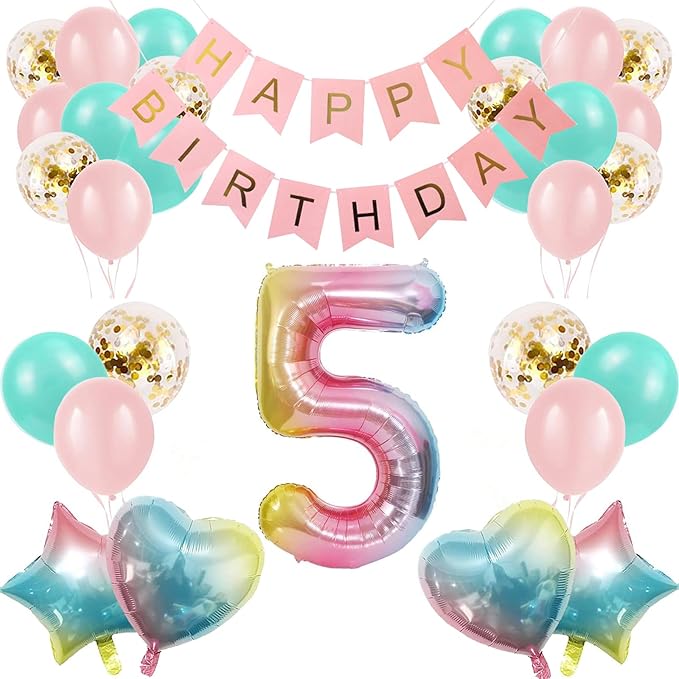 5th Birthday Decorations for Girls - Gradient Color Age 5 Balloons With Happy Banner for Baby Showers, Fifth Party Supplies for Girls Boys (5th-Birthday)