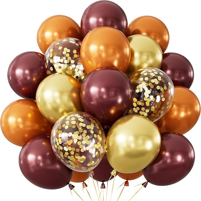 Fall Balloons Thanksgiving Party Balloons - 12 Inch Fall Color Balloon Burgundy Orange Metallic Gold Confetti Balloon for Autumn Little Pumpkin Baby Shower Harvest Thanksgiving Party Decoration