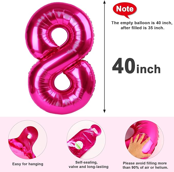 40 Inch Number 8 Balloon, Hot Pink 8 18 28 80 Birthday Balloons for Men Boys, 8th Birthday Decorations Party Supplies, Wedding, Graduations