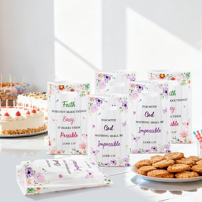 50Pcs Religious Party Favor Bags - Bible Verse Floral Goodie Candy Treat Plastic Gift Bag Inspirational Flower Christian Party Decoration for Kid Women Birthday Wedding Baptism Spring Church Supplies