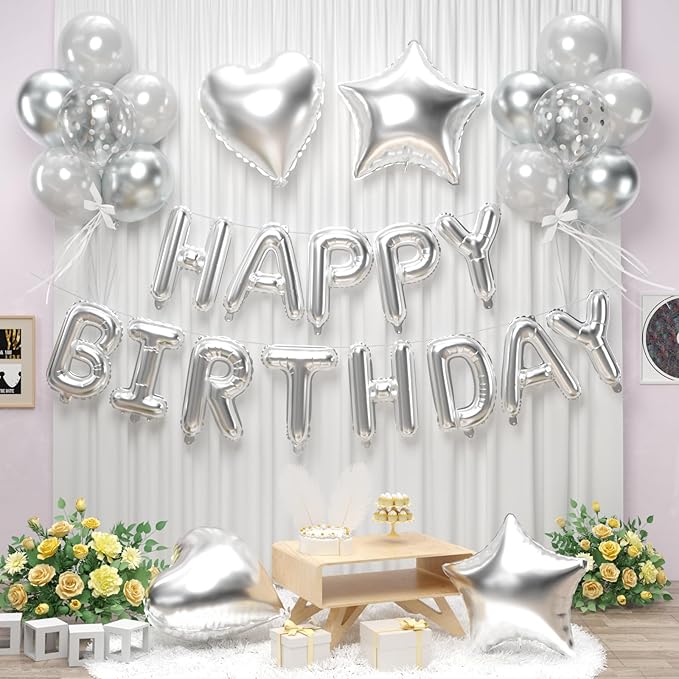 29PC Silver Happy Birthday Balloon Banner, 16 Inch 3D Aluminum Letter Banner Sign, Metallic Silver Pearl Latex Balloons 18 Inch Star Heart Foil Balloons for Women, Men Party Decorations