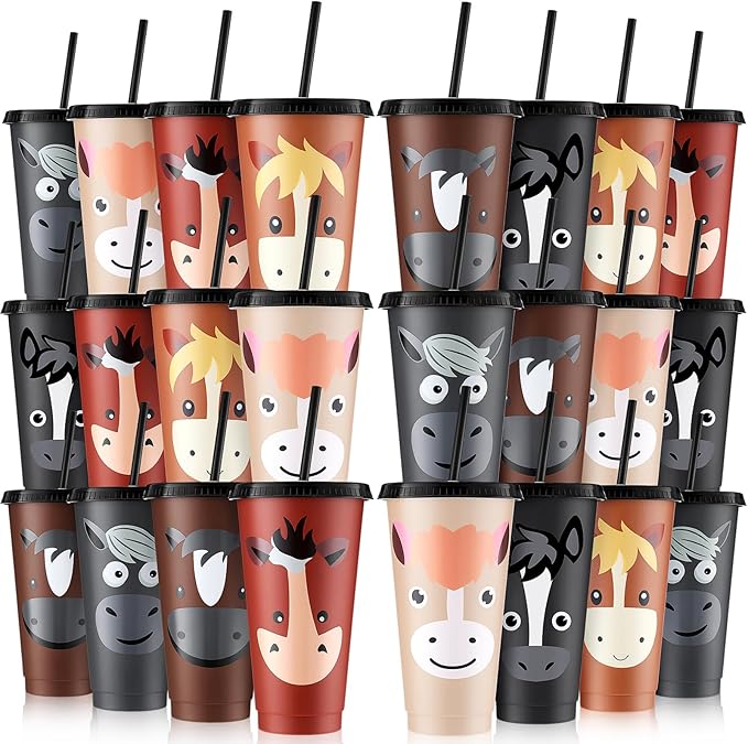 Mifoci 24 Horse Party Favors Horse Cups with Lid Straw 24 oz Plastic Drink Cups Bulk Reusable Tumblers for Birthday Party Themed Gifts