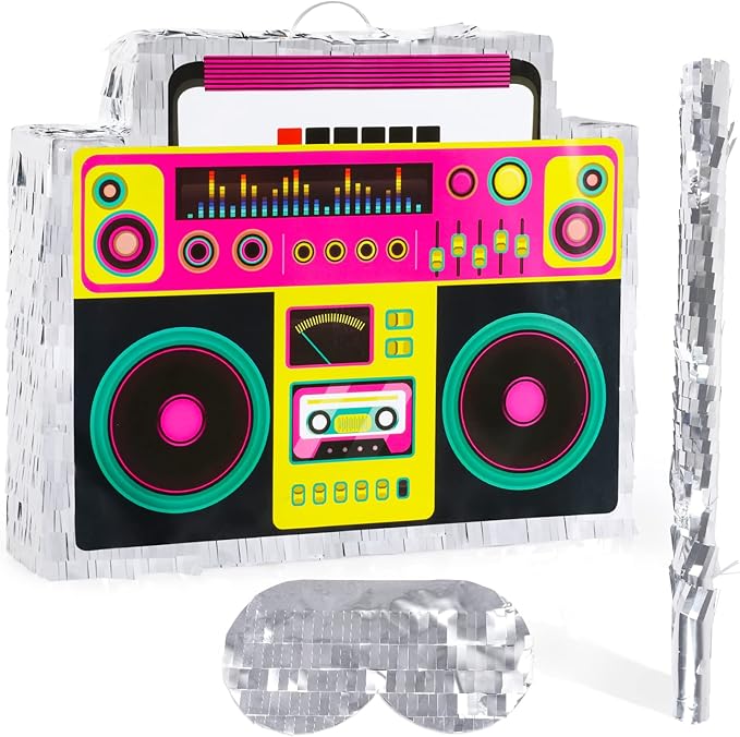 Boombox Pinata with Stick & Hanging Loop Retro 90s Theme Radio Music Mexican Pinata for Birthday Party Games Back to the 80s Party Supplies for Kids & Adults