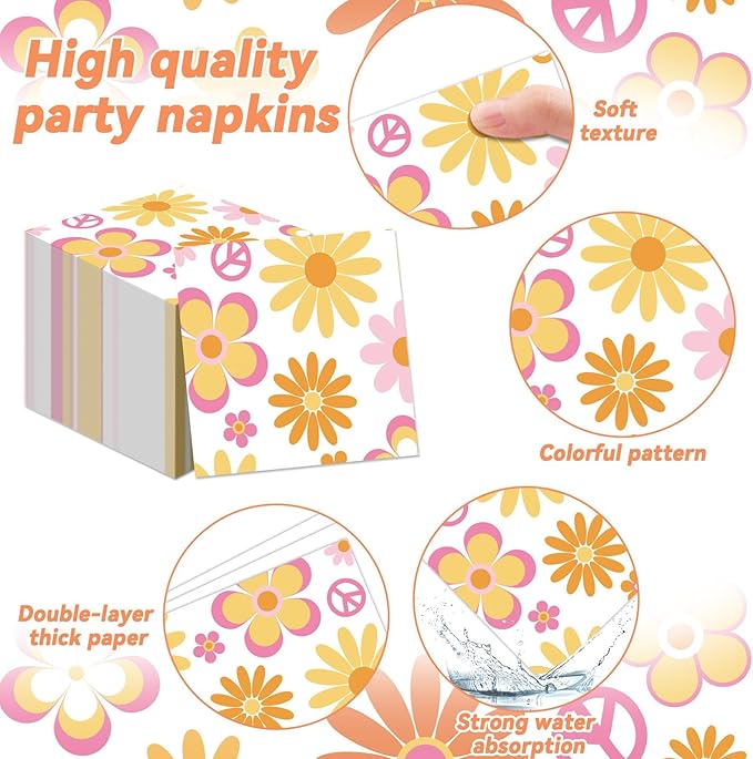 96 Pcs Groovy Party Supplies for 24 Guests Retro Hippie Boho Tableware Plates Napkins Daisy Flower Birthday Dinnerware Table Decorations Retro Hippie Daisy Party Favor for Kitchen Dinning Home Decor