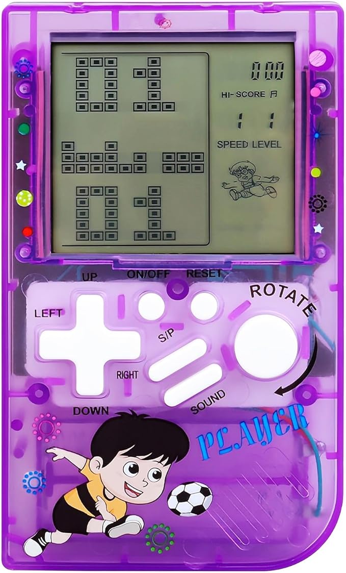 Kids Brick Game Console Small Portable Transparent Body Built-in 23 Retro Blocks Games Adjustable Difficulty/Speed Powered by 2 AAA Batteries Kids/Students Birthday Toys (Purple)