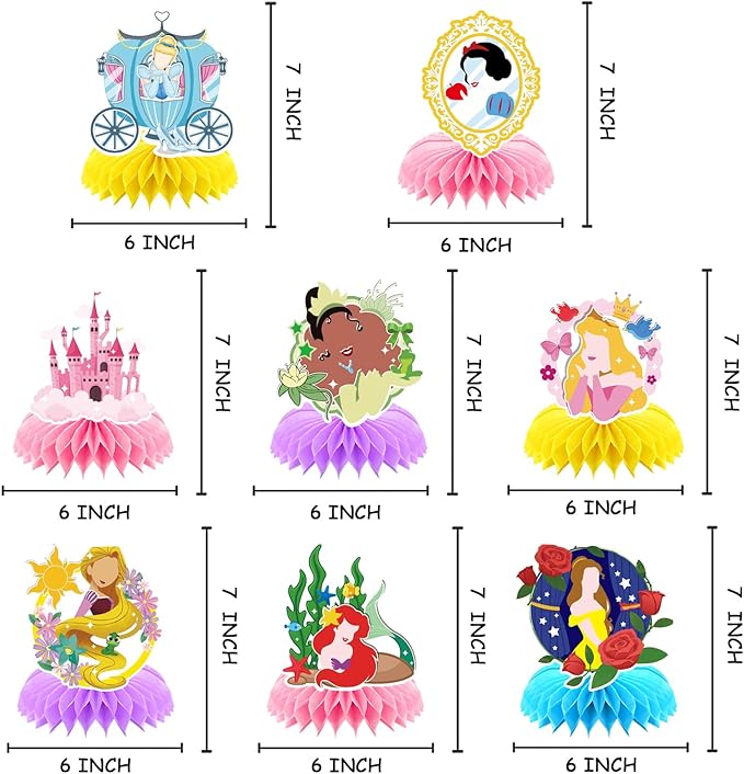 8Pcs Girl Princess Birthday Party Supplies, Princess Girl Honeycomb Centerpieces Seven Girls Theme 3D Table Decorations