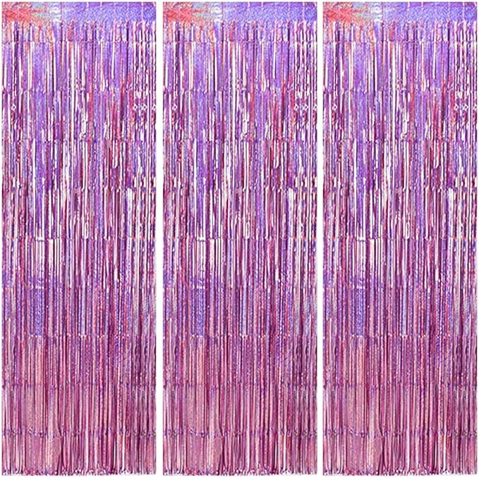TONIFUL 3Pcs Laser Light Pink Door Streamers,Laser Pink Photo Booth Backdrop Metallic Streamers Pink Foil Fringe Curtains for Birthday,Christmas,New Year,Bachelorette,Grad Party(9.9ft x 6.6ft)