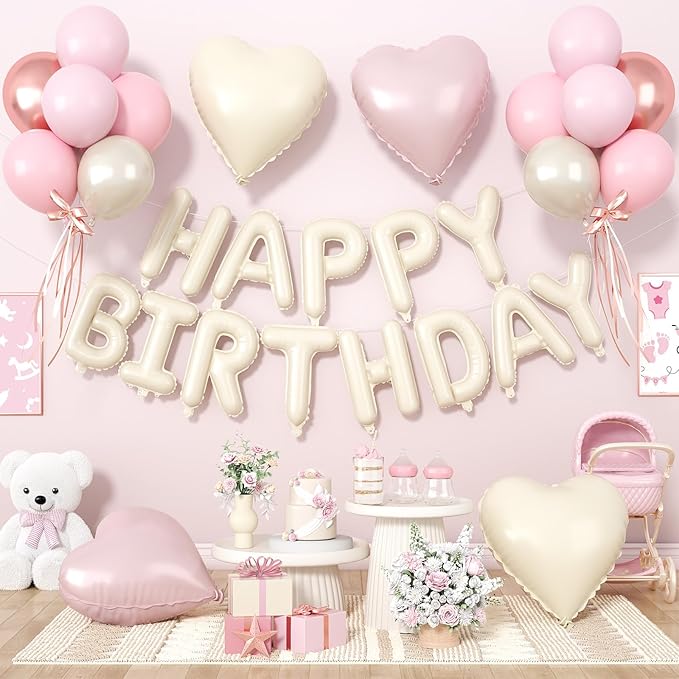 29PC Pink Heart Happy Birthday Balloon Banner, 16Inch 3D Aluminum Letter Banner Sign, Dusty Pink Rose Gold Pearl White Balloons 18 Inch Heart Foil Balloons for Baby Shower Decorations
