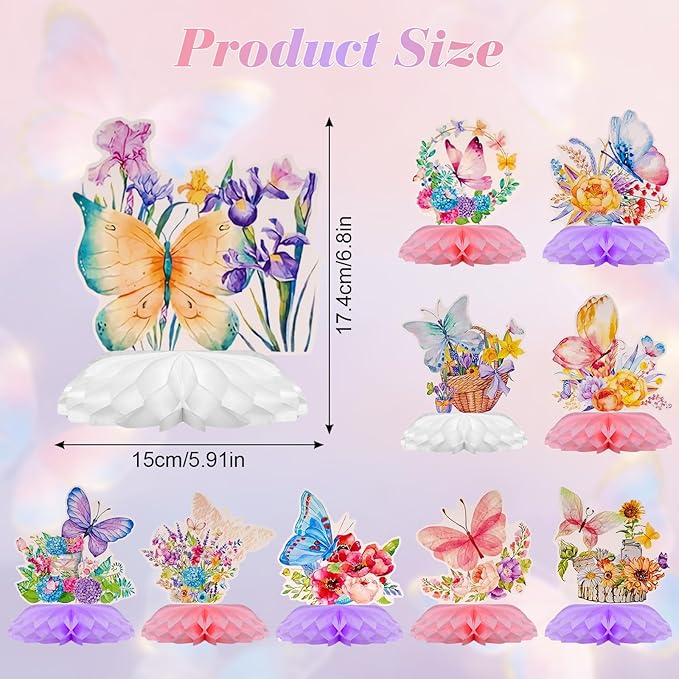 10Pcs Butterfly Centerpieces for Tables Butterfly Flowers Centerpieces Spring Honeycomb Table Decor Spring Flower Toppers for Birthday Party Supplies