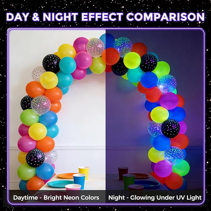 LovesTown 66PCS Glow Balloons Assorted, UV Neon Latex Balloons 12" with Small Dots for Birthday Wedding Glow Party Supplies