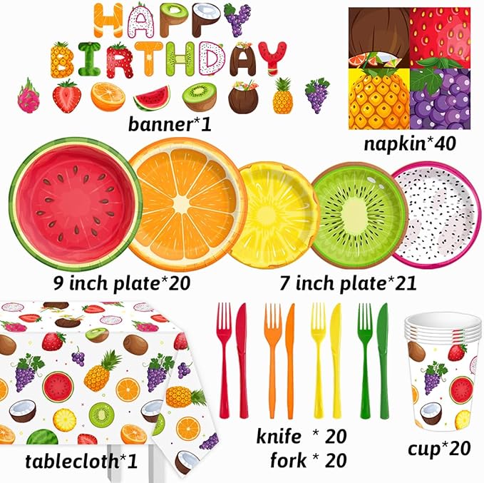 Fruit Birthday Decorations-143Pcs Fruit Theme Plates and Napkins Kit Summer Tutti Frutti Tableware Serves 20 Guests for Birthday Party
