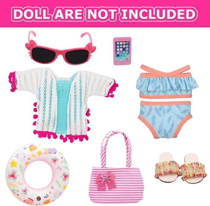 18 Inch American Doll Accessories, Fashion Doll Swimming Play Sets for American 18 Inch Girl Including Clothes Swimsuit Sunglasses Phone Shoes
