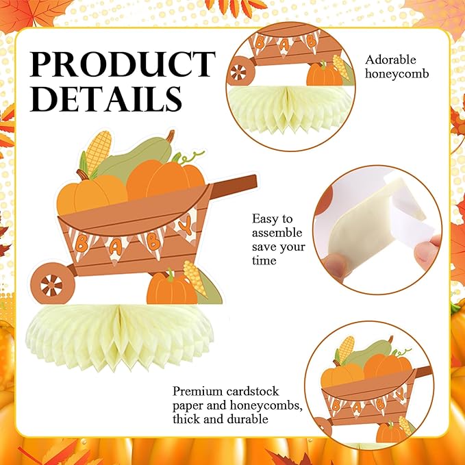 12 Pcs Fall Locally Grown Baby Shower Decorations Fall Honeycomb Centerpieces Pumpkin Corn Honey Acorn Farmers Market Baby Shower Table Topper Decoration for Birthday Party Favors Supplies