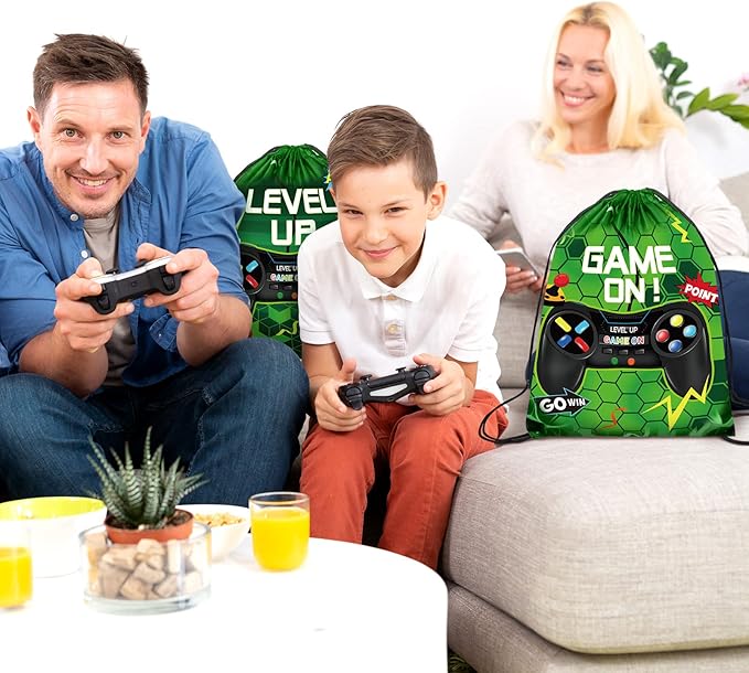Eccliy 20 Pcs Video Game Party Favor Bags Gamer Birthday Party Drawstring Bags for Kids Boys Girls 12 x 10 Inch Gaming Goodie Treat for Game on Theme Decorations Supplies(Green,Fresh Style)